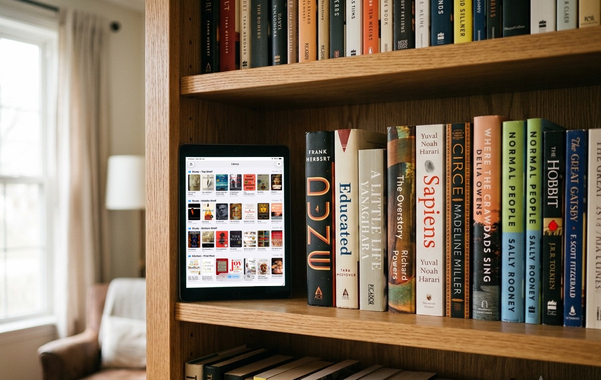 Reshelf Books on an iPad showing a library that mirrors the physical bookshelf behind it