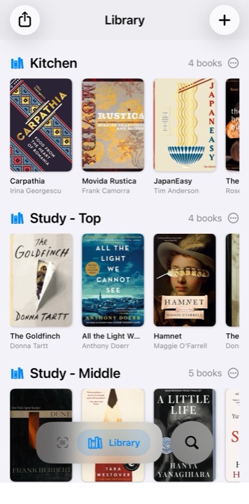 Library screen with books grouped onto named shelves